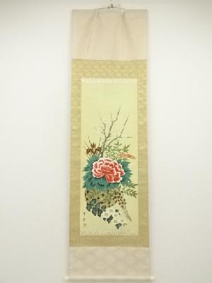 翠芳筆　四季花図　肉筆絹本掛軸（共箱）